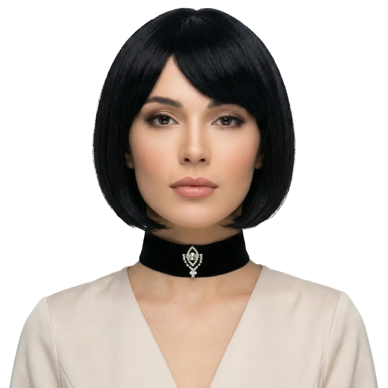 Siyah nubuk zirkon taşlı choker kolye modelinin beyaz arka planda manken üzerinde önden zarif pozu.