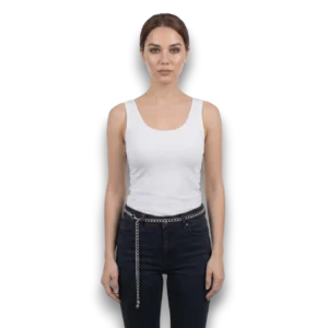 Manken üzerinde kot pantolon ile kullanılan yandan bağlamalı gümüş kaplama zincir kemer TikiTonki