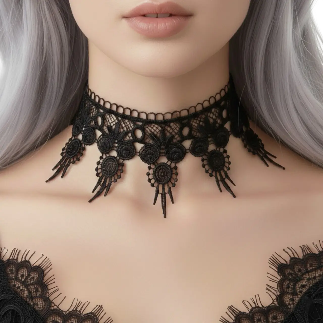 Gotik tarz siyah dantel choker boyunluk tasarımının beyaz fonda manken boynundaki yakın detay pozu.