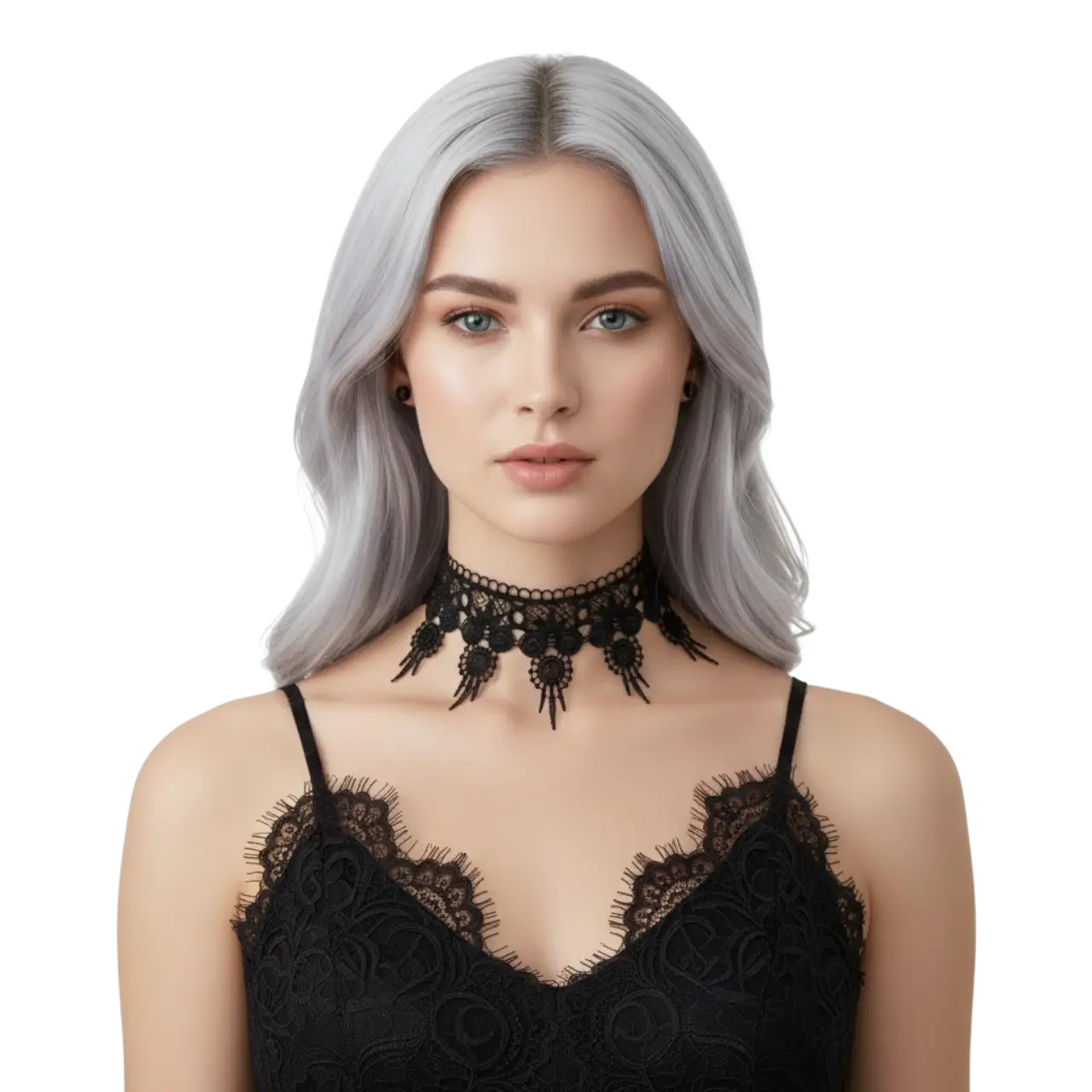 Gotik tarz siyah dantel choker boyunluk modelinin beyaz arka planda manken üzerindeki önden çekimi.