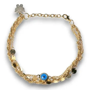 Gold detaylı çok katmanlı nazar boncuklu halhal önden görünüş