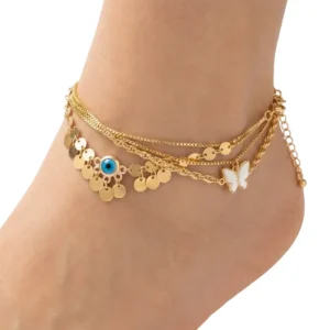 Nazar boncuklu altın kaplama katmanlı halhal manken bileğinde