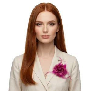 Fuşya Güllü Kuş Tüylü Broş Toka