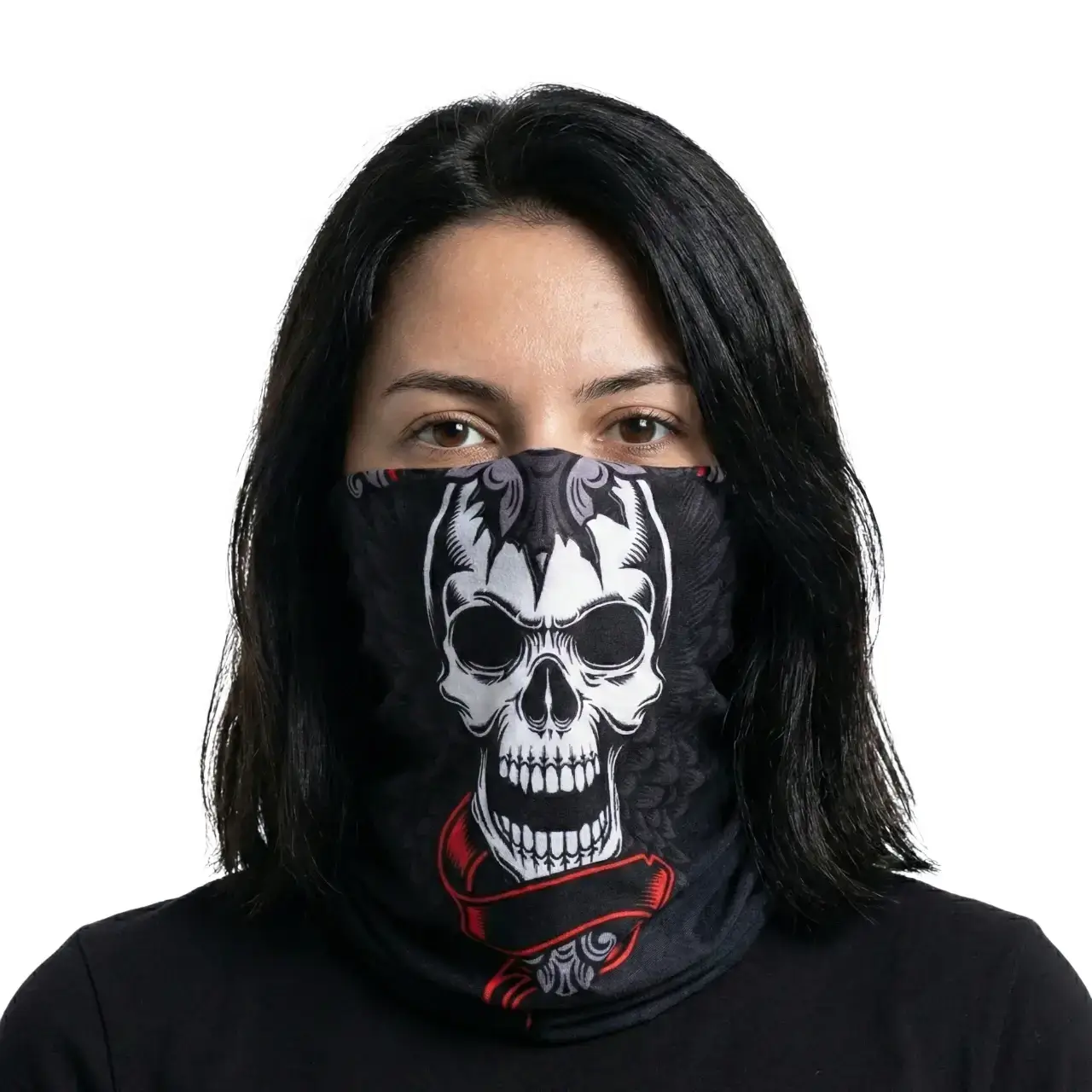 Manken kadın yüzünde tam karşıdan görünüm kurukafa baskılı unisex boyunluk boru bandana TikiTonki