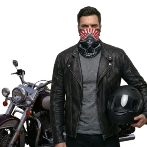 Manken erkek üzerinde yüzü kapatan kurukafa desenli boru bandana motorcu boyunluk TikiTonki