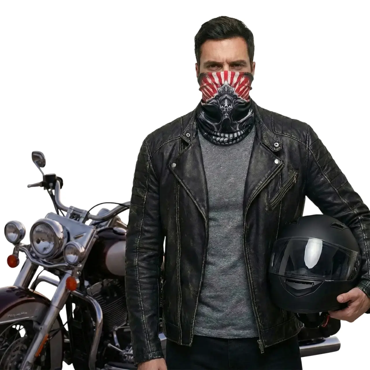 Manken erkek üzerinde yüzü kapatan kurukafa desenli boru bandana motorcu boyunluk TikiTonki