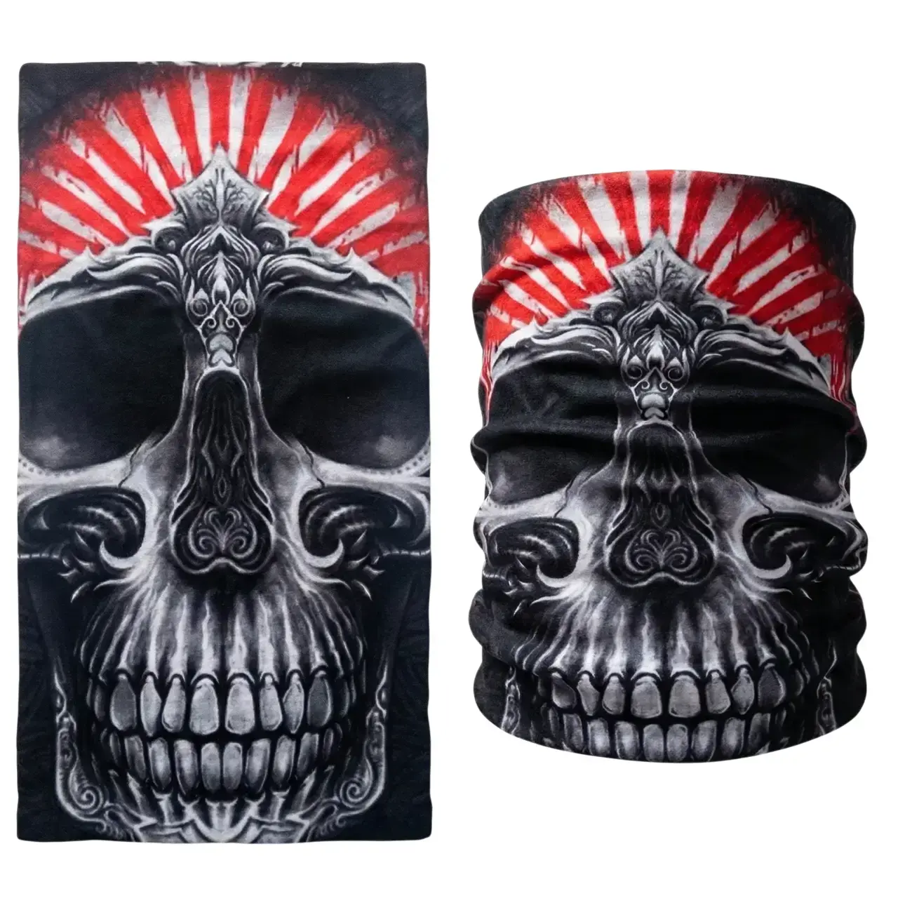 Yakın çekim ürün detay görünümü kurukafa desenli boru bandana motorcu boyunluk TikiTonki