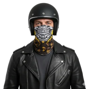 Manken erkek üzerinde kasklı ve yüzü gözüne kadar kapalı kurukafa desenli boru bandana unisex boyunluk TikiTonki