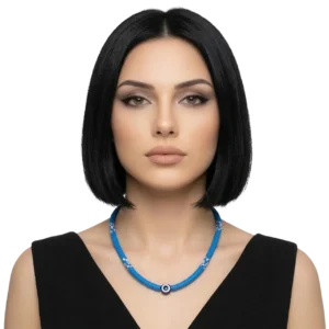 Nazar Boncuklu Bohem Tasarım Fimo Kolye modeliyle beyaz arka planda mankenin şık önden pozu.
