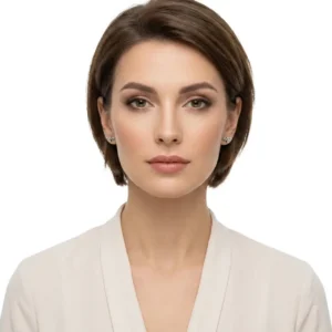 Unisex Model Kartal Figürlü Çelik Küpe, kadın mankende önden görünüm, beyaz fon.