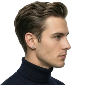 Unisex Model Kartal Figürlü Çelik Küpe, erkek mankende profilden görünüm, beyaz fon.