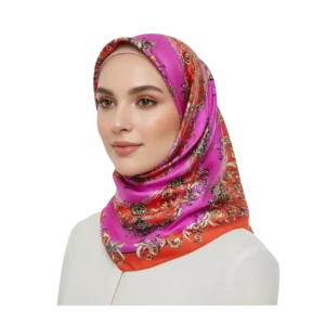 Manken kadın üzerinde başörtüsü tarzında otantik desenli kırmızı renk saten eşarp TikiTonki