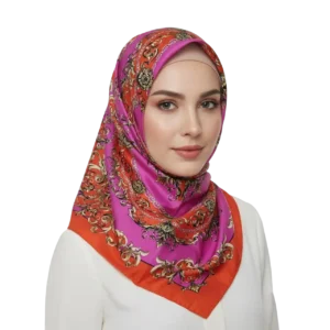 Manken kadın üzerinde yandan çekim başörtüsü tarzında otantik desenli kırmızı renk saten eşarp TikiTonki
