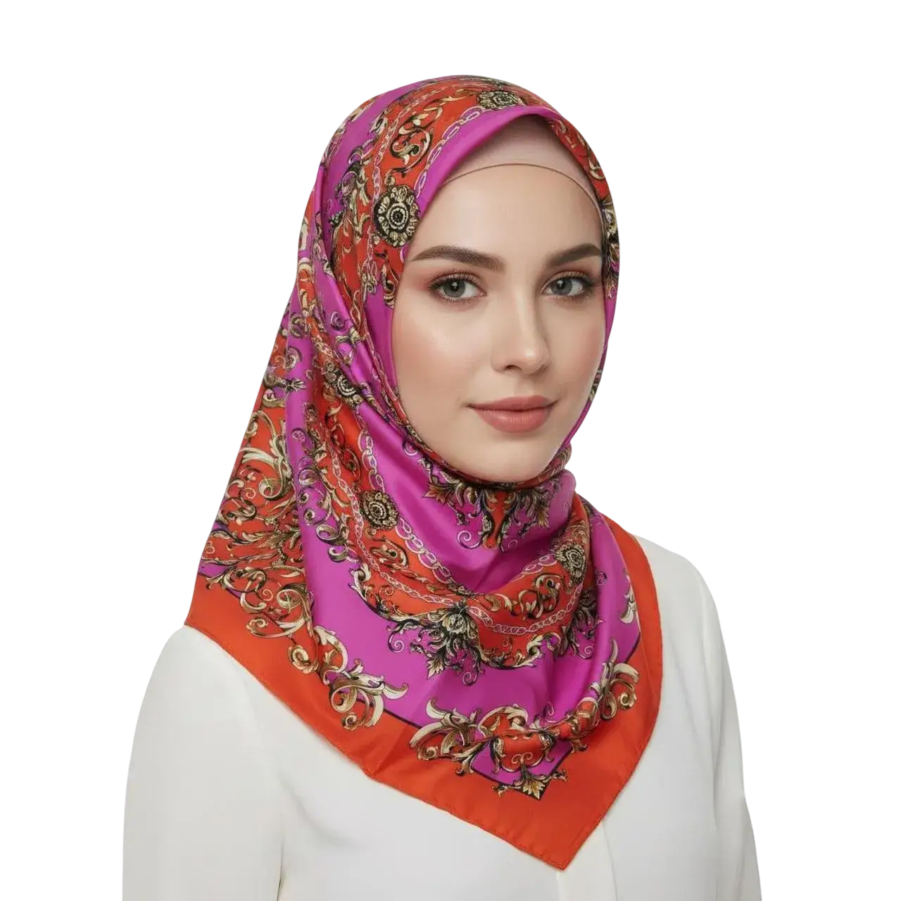 Manken kadın üzerinde yandan çekim başörtüsü tarzında otantik desenli kırmızı renk saten eşarp TikiTonki