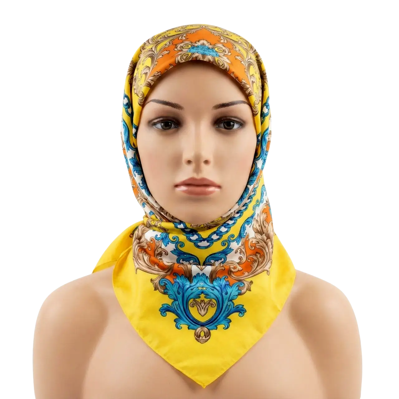 Manken kadın üzerinde başörtüsü tarzında etnik desenli sarı renk saten eşarp TikiTonki