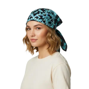 Manken üzerinde bandana tarzı saçta etnik desenli siyah renk saten eşarp TikiTonki