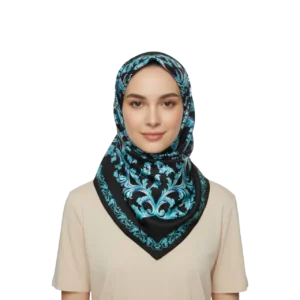 Manken üzerinde başörtüsü tarzında etnik desenli siyah renk saten eşarp TikiTonki