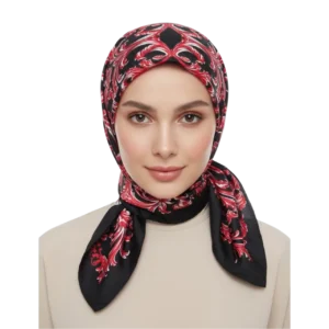 Manken kadın üzerinde önden çekim boyundan bağlı otantik desenli siyah renk saten eşarp TikiTonki