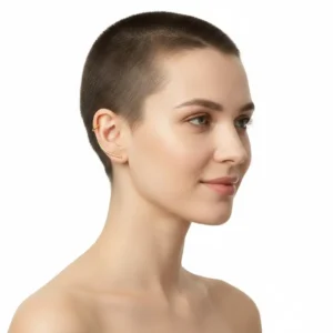 Çift Taraflı Saplama Model Tragus Küpe, gold renk, mankende tek kulakta profilden görünüm, beyaz fon.