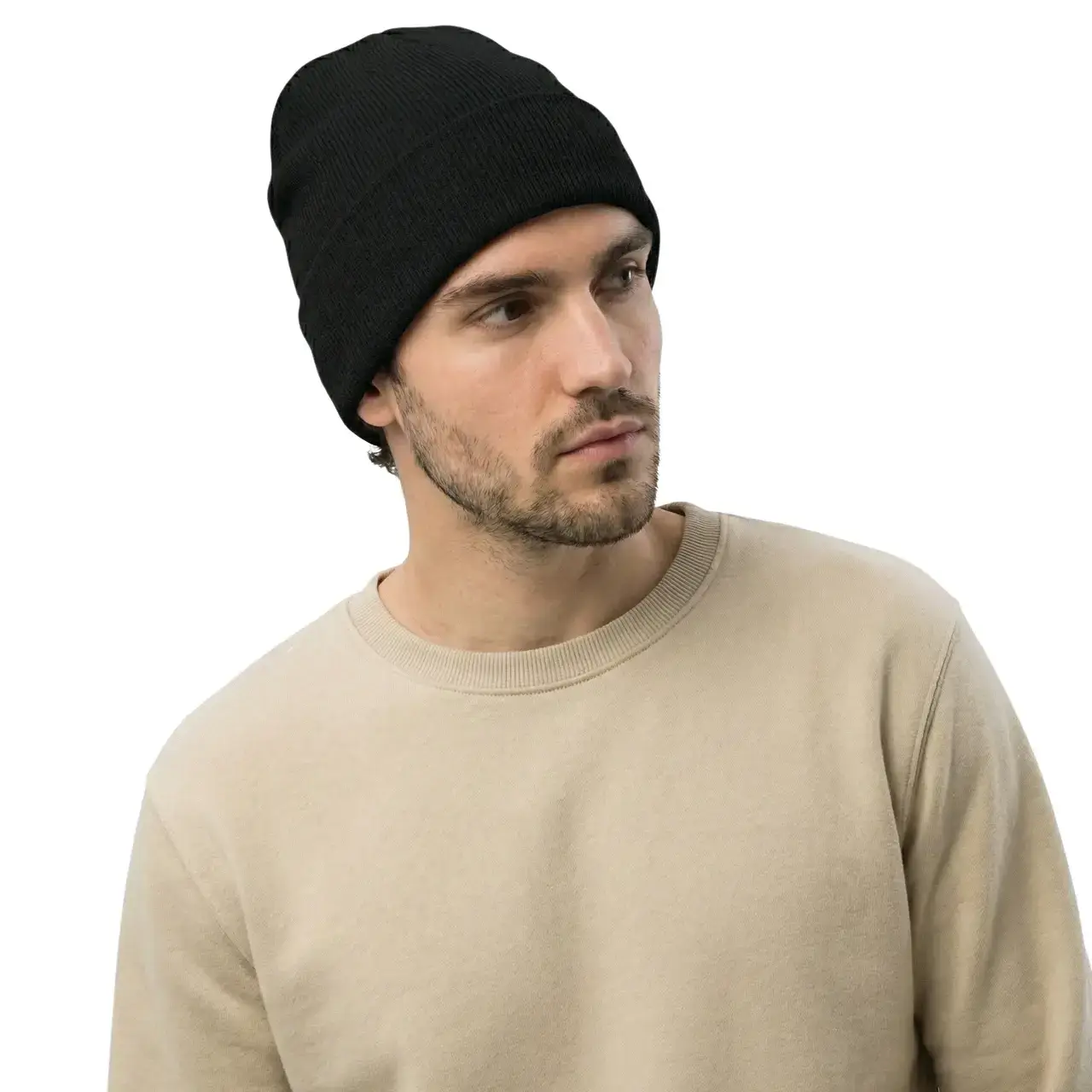 Manken erkek üzerinde yandan çekilmiş siyah renk unisex model yünlü bere TikiTonki