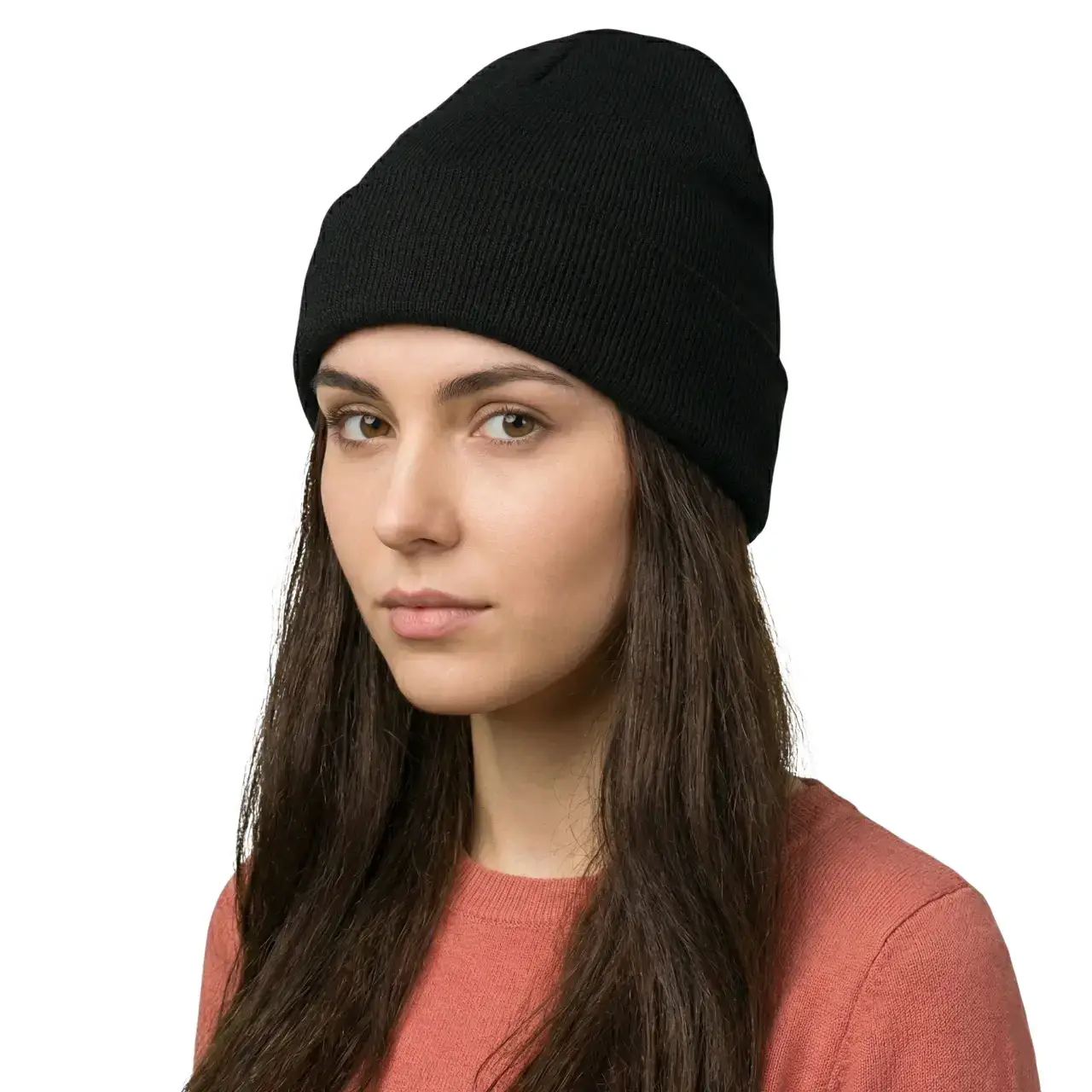 Manken kadın üzerinde hafif yandan çekilmiş siyah renk unisex model yünlü bere TikiTonki
