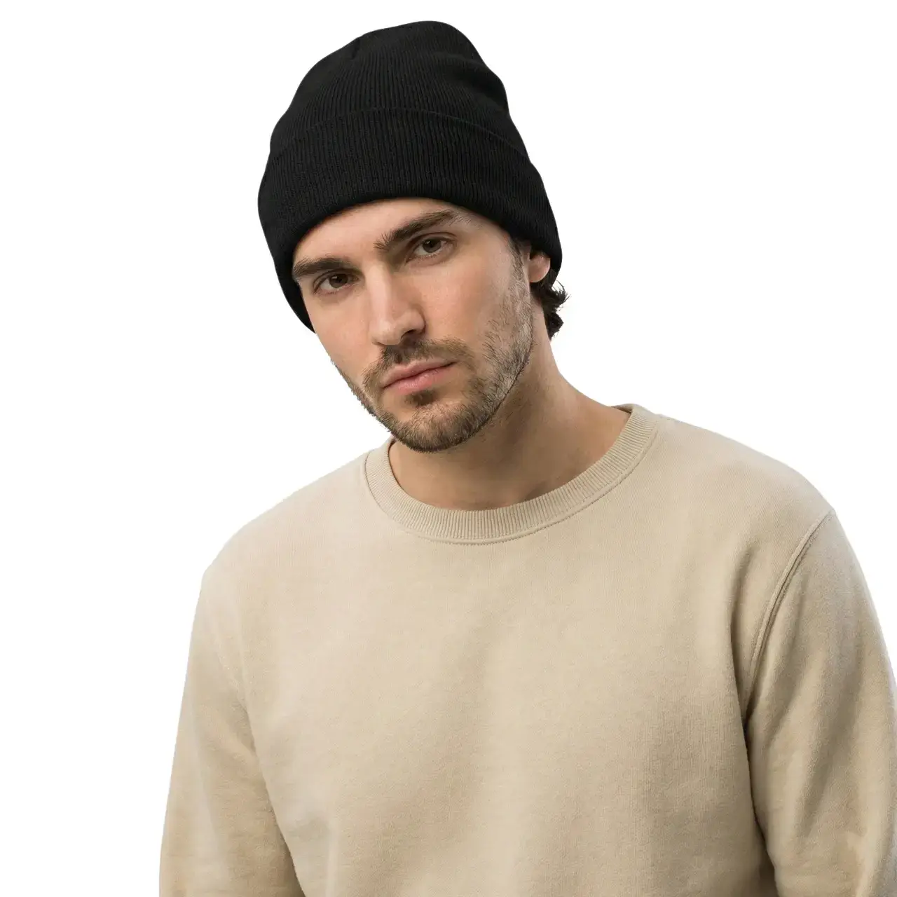 Manken erkek üzerinde önden çekilmiş siyah renk unisex model yünlü bere TikiTonki
