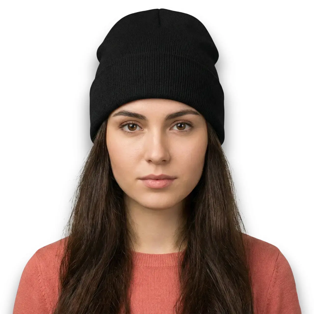 Manken kadın üzerinde tam karşıdan çekilmiş siyah renk unisex model yünlü bere TikiTonki