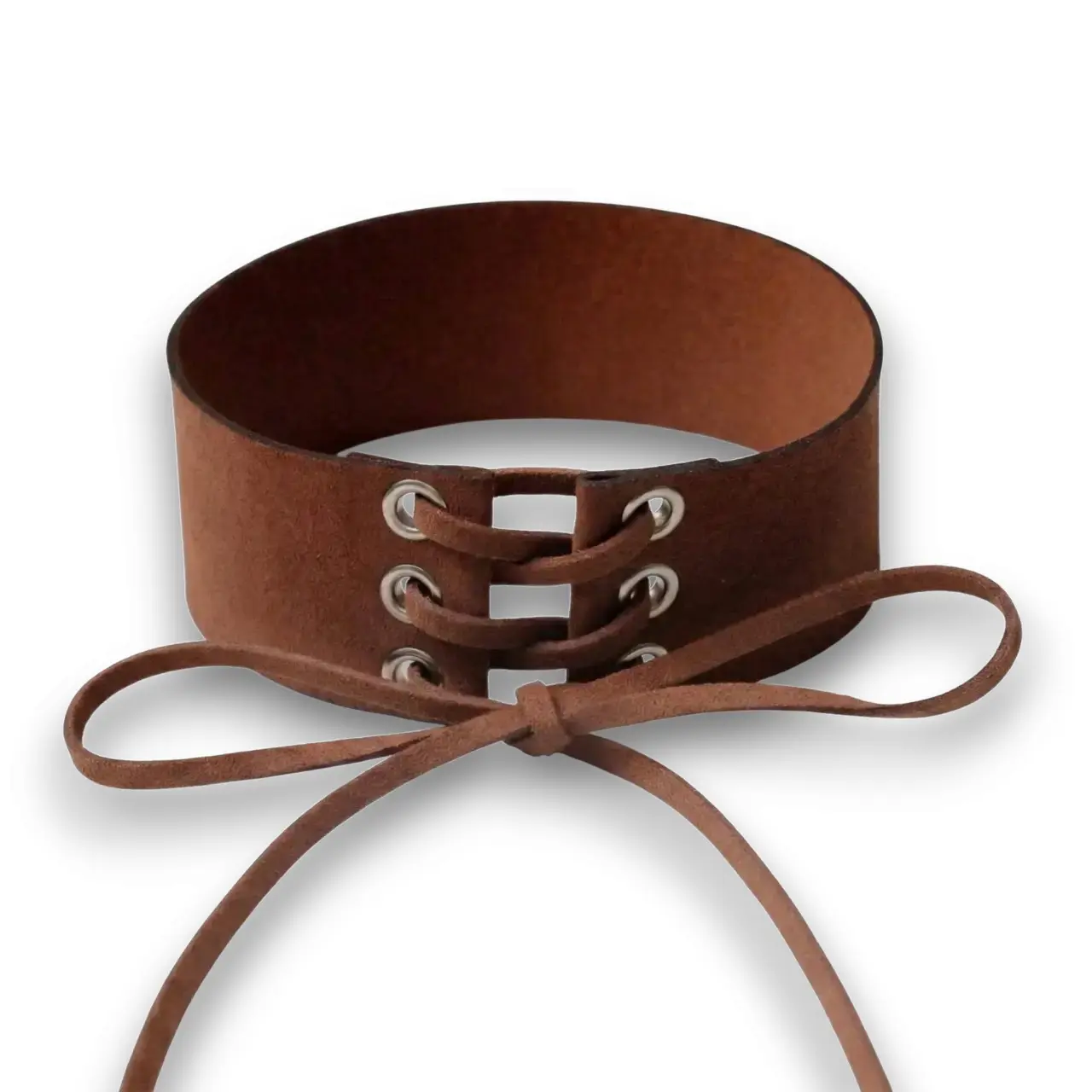 Kahverengi Nubuk kumaş korse stili choker boyunluk ürününün beyaz arka plandaki genel görünüm
