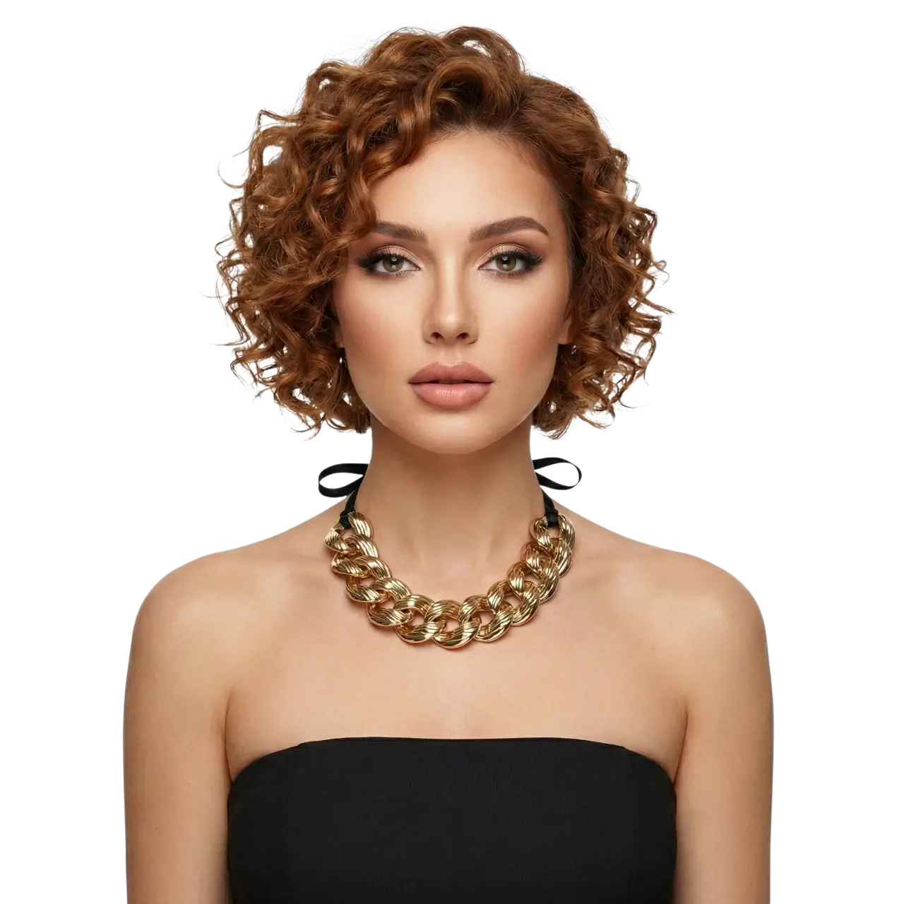 Beyaz arka planda manken üzerinde saten kurdeleli altın kaplama zincir choker önden çekimi.