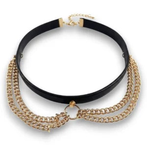 Vintage tarz çift zincirli deri choker gold renk ürününün beyaz arka planda detaylı genel görünümü.