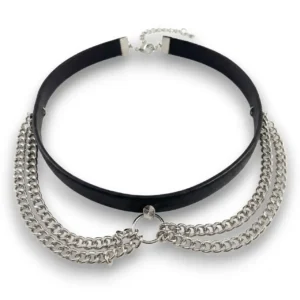 Vintage tarz çift zincirli deri choker gümüş renk ürününün beyaz arka planda detaylı genel görünümü.