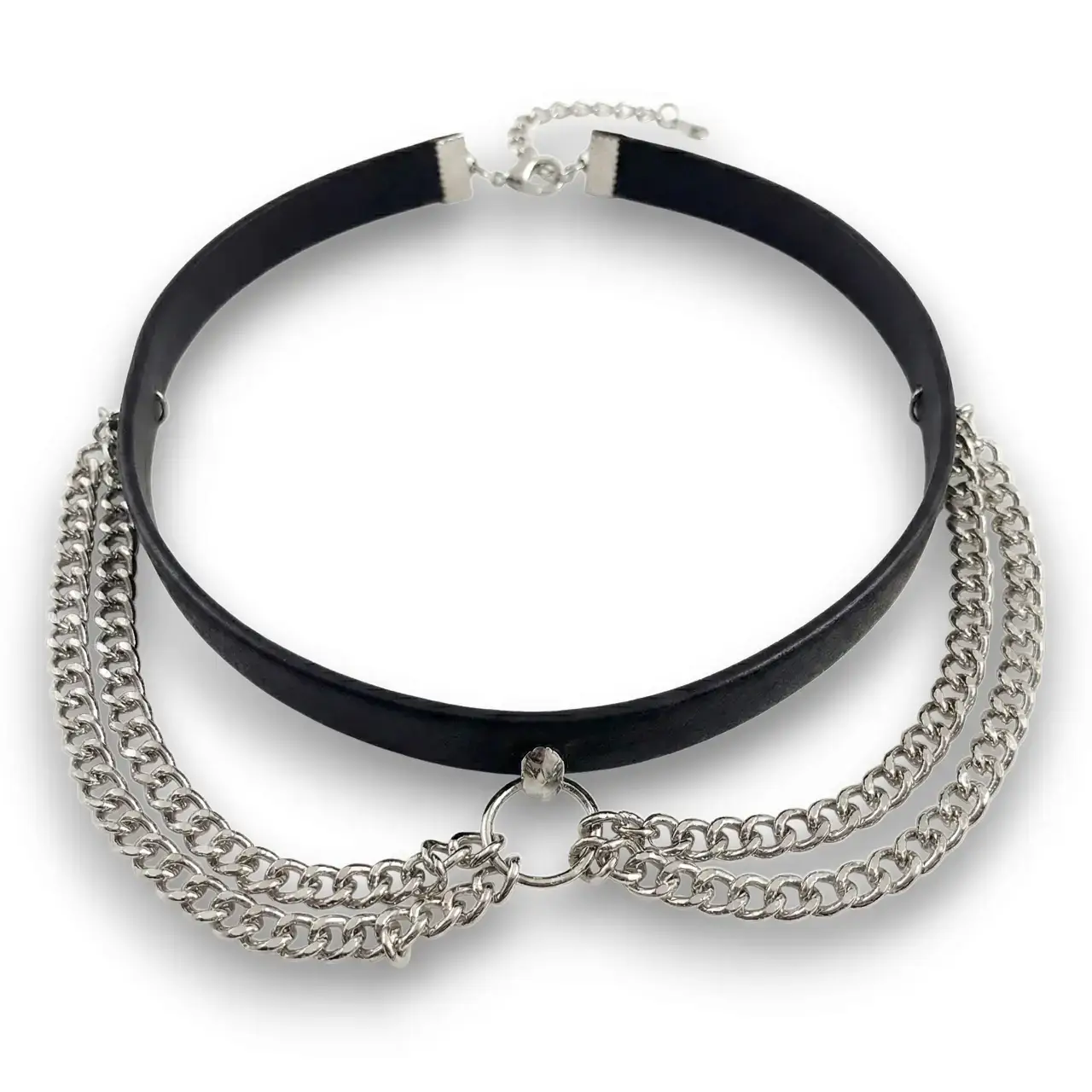 Vintage tarz çift zincirli deri choker gümüş renk ürününün beyaz arka planda detaylı genel görünümü.