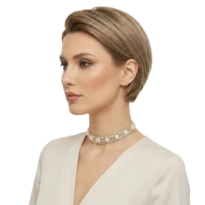 Beyaz fon üzerinde zirkon taşlı inci detay gold choker ile mankenin sol profilden pozu.