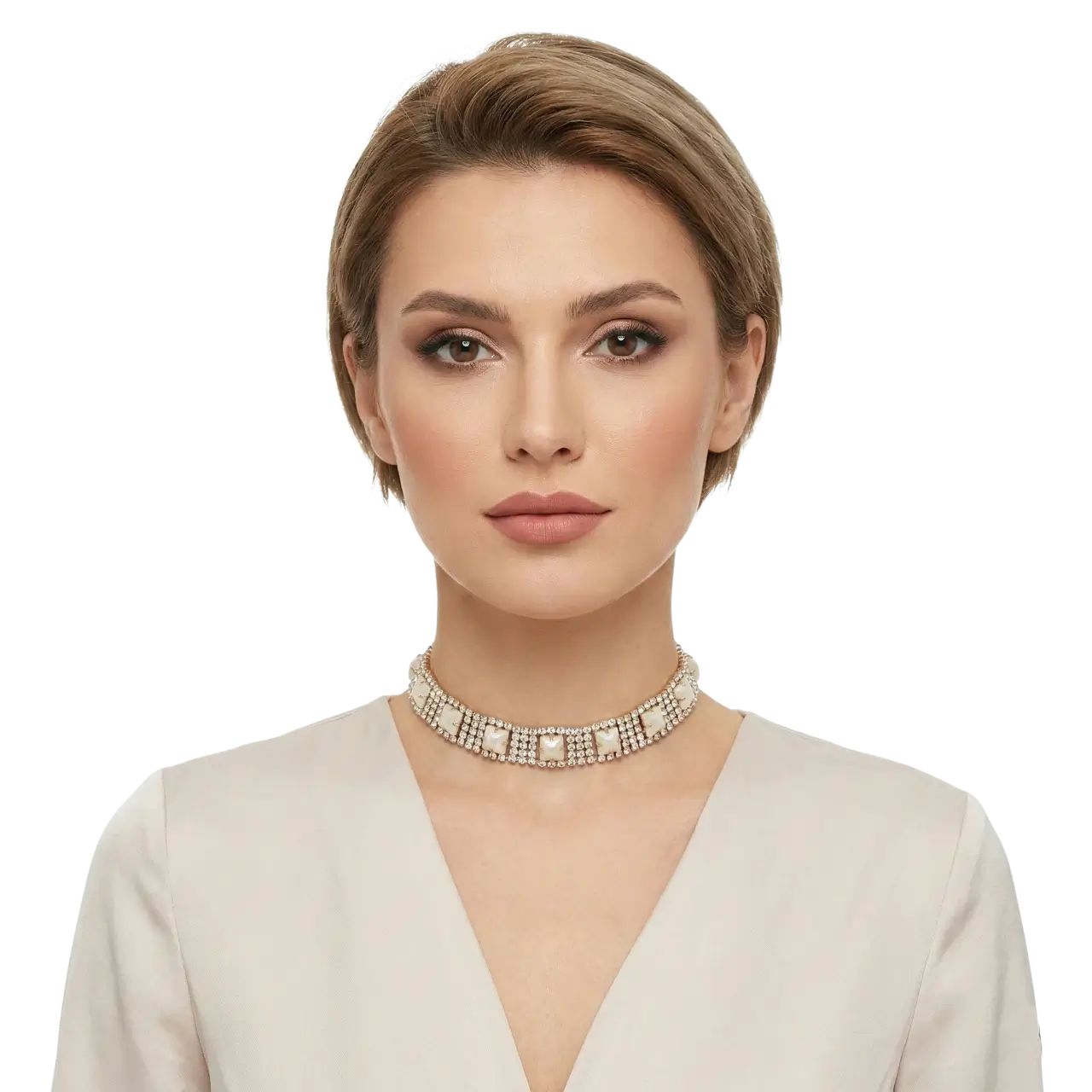Beyaz arka planda manken üzerinde zirkon taşlı inci detay gold choker önden çekimi.