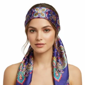 Etnik Desenli Mor Renk Saten Eşarp, kolsuz atlet kombininde bandana tarzı, beyaz fon.