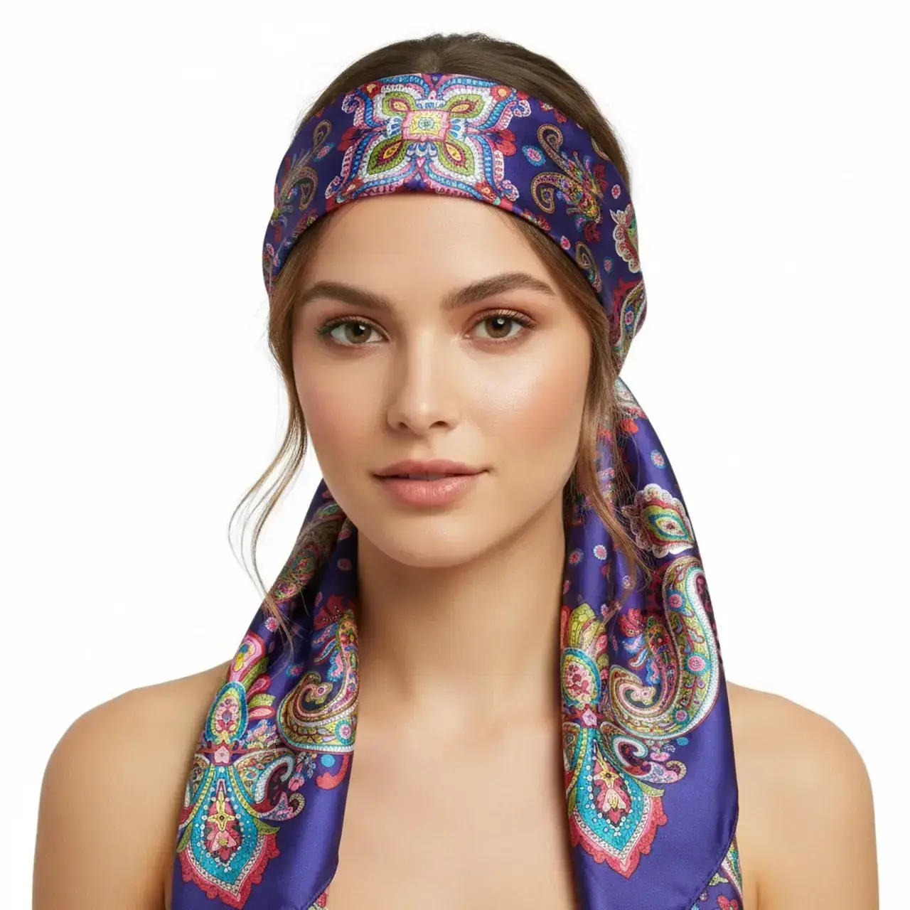 Etnik Desenli Mor Renk Saten Eşarp, kolsuz atlet kombininde bandana tarzı, beyaz fon.