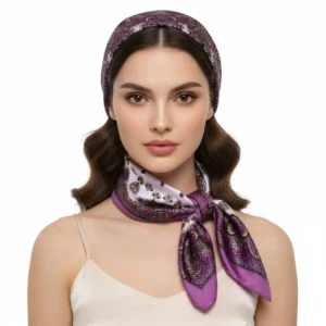 Yumuşak Dokulu Etnik Desenli Saten Mor Eşarp, bandana ve fular bir arada tarzı, beyaz fon.