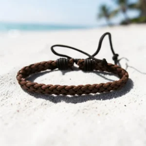 Boho Tarz Kahverengi Deri Kadın Bileklik, deniz kenarında kum üzerinde görünüm.