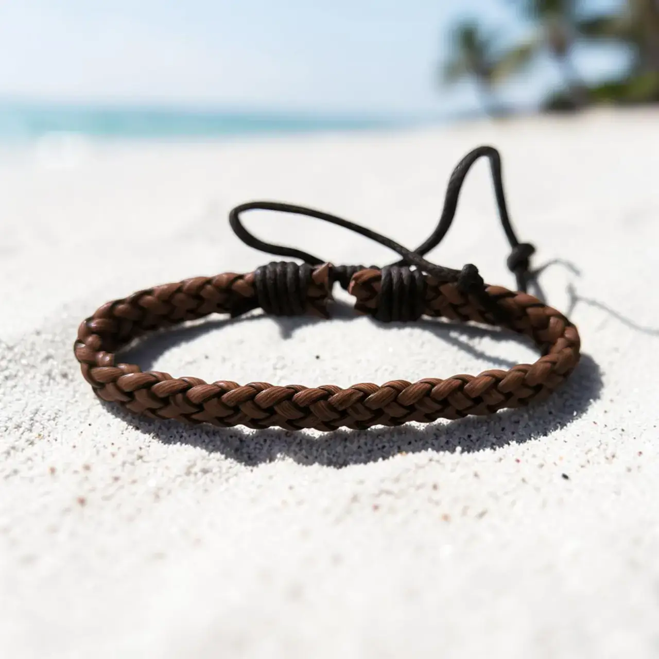 Boho Tarz Kahverengi Deri Kadın Bileklik, deniz kenarında kum üzerinde görünüm.