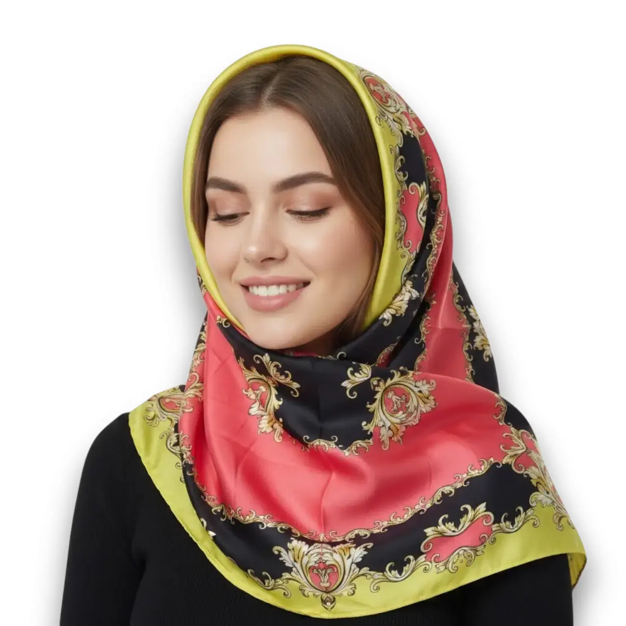 Çiçek Desenli Sarı Renk Saten Eşarp, mankende başörtüsü tarzında önden poz, beyaz fon.
