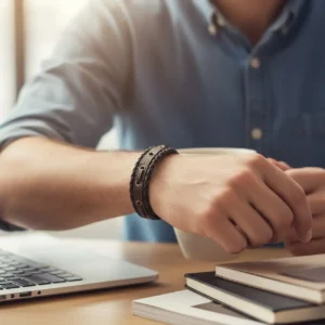 Çift Katmanlı Unisex Kahverengi Deri Bileklik, erkek mankende ofis ortamında görünüm.