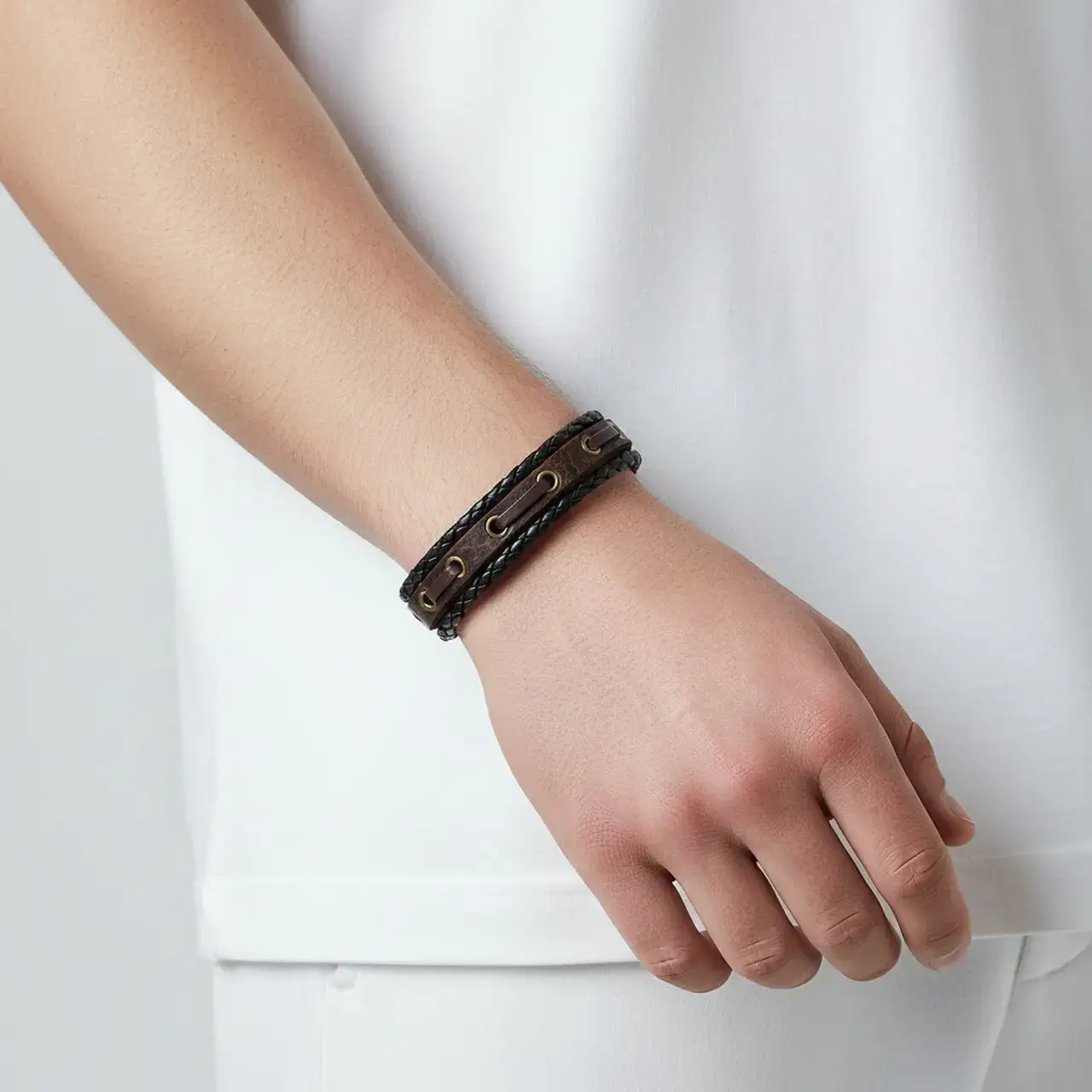 Çift Katmanlı Unisex Kahverengi Deri Bileklik, erkek mankende yandan poz, beyaz fon.