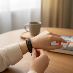 Çift Katmanlı Unisex Kahverengi Deri Bileklik, kadın mankende ofis ortamında görünüm.