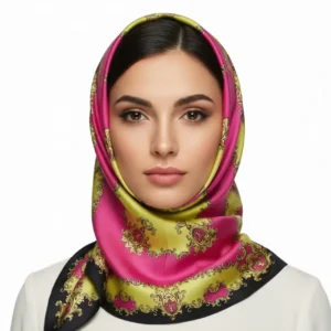 Etnik Desenli Kare Kesim Saten Eşarp, mankende başörtüsü tarzında önden çekim, beyaz fon.
