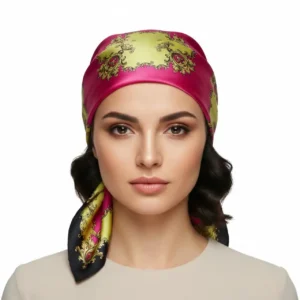Etnik Desenli Kare Kesim Saten Eşarp, mankende önden çekim bandana tarzı, beyaz fon.