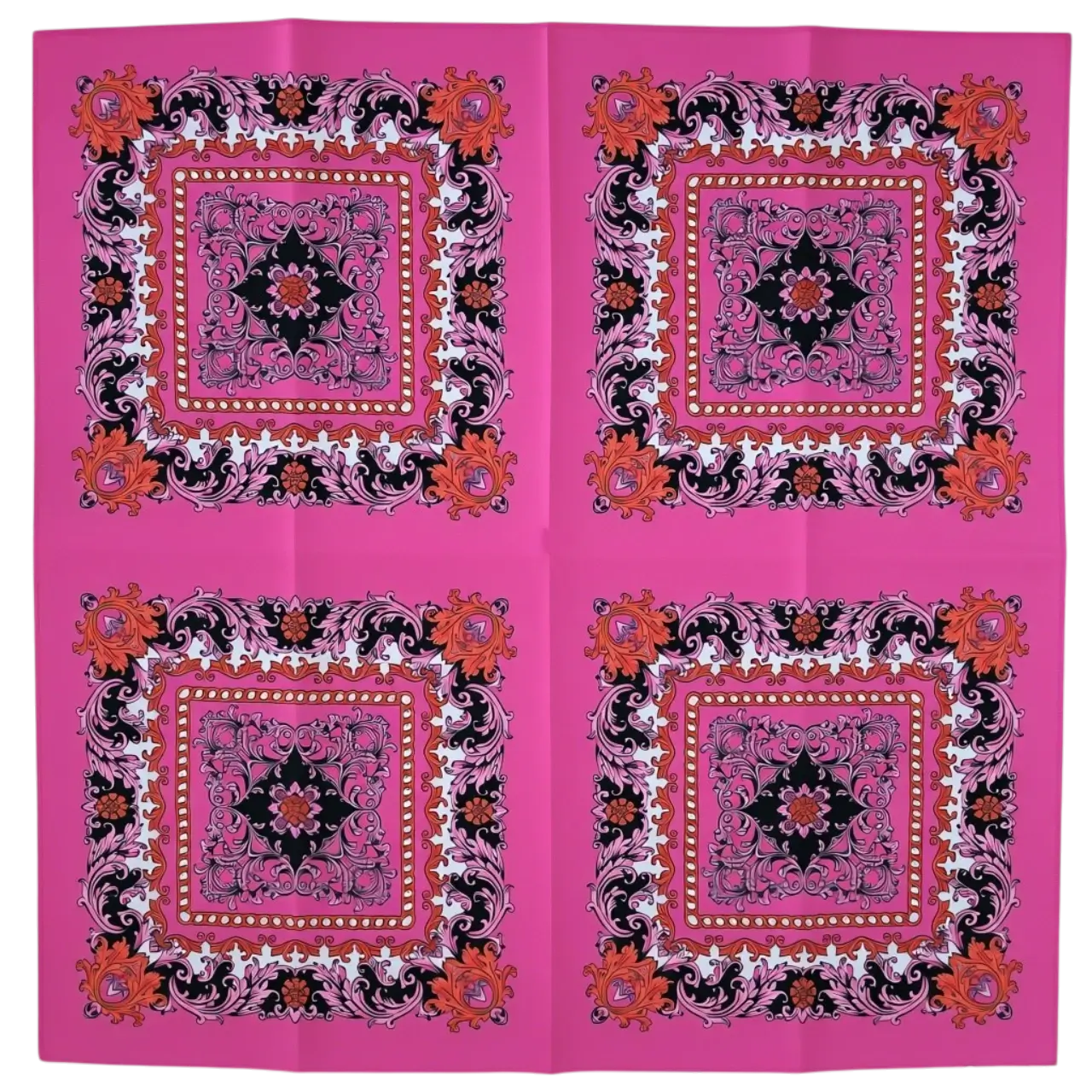 Etnik Desenli Kare Kesim Saten Pembe Eşarp, mankensiz kare kesim genel görünüm, beyaz fon.