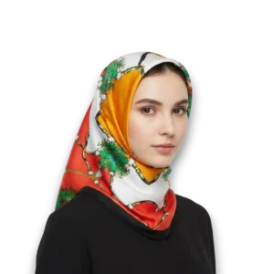 Geometrik Desenli Kare Dizayn Saten Eşarp, mankende fular tarzı, beyaz fon.