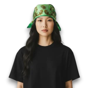 Kare Kesim Etnik Desenli Yeşil Saten Eşarp, mankende bandana tarzı, beyaz fon.