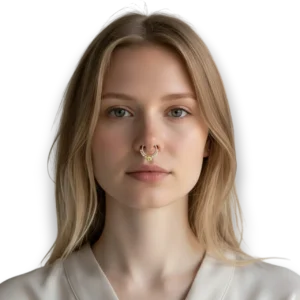 Taşlı Septum Paslanmaz Çelik Fake Piercing, bakır renk, mankende önden poz, beyaz fon.