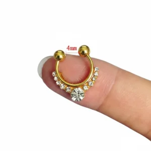 Taşlı Septum Paslanmaz Çelik Fake Piercing, gold renk, ürün ölçü detay çekimi, beyaz fon.